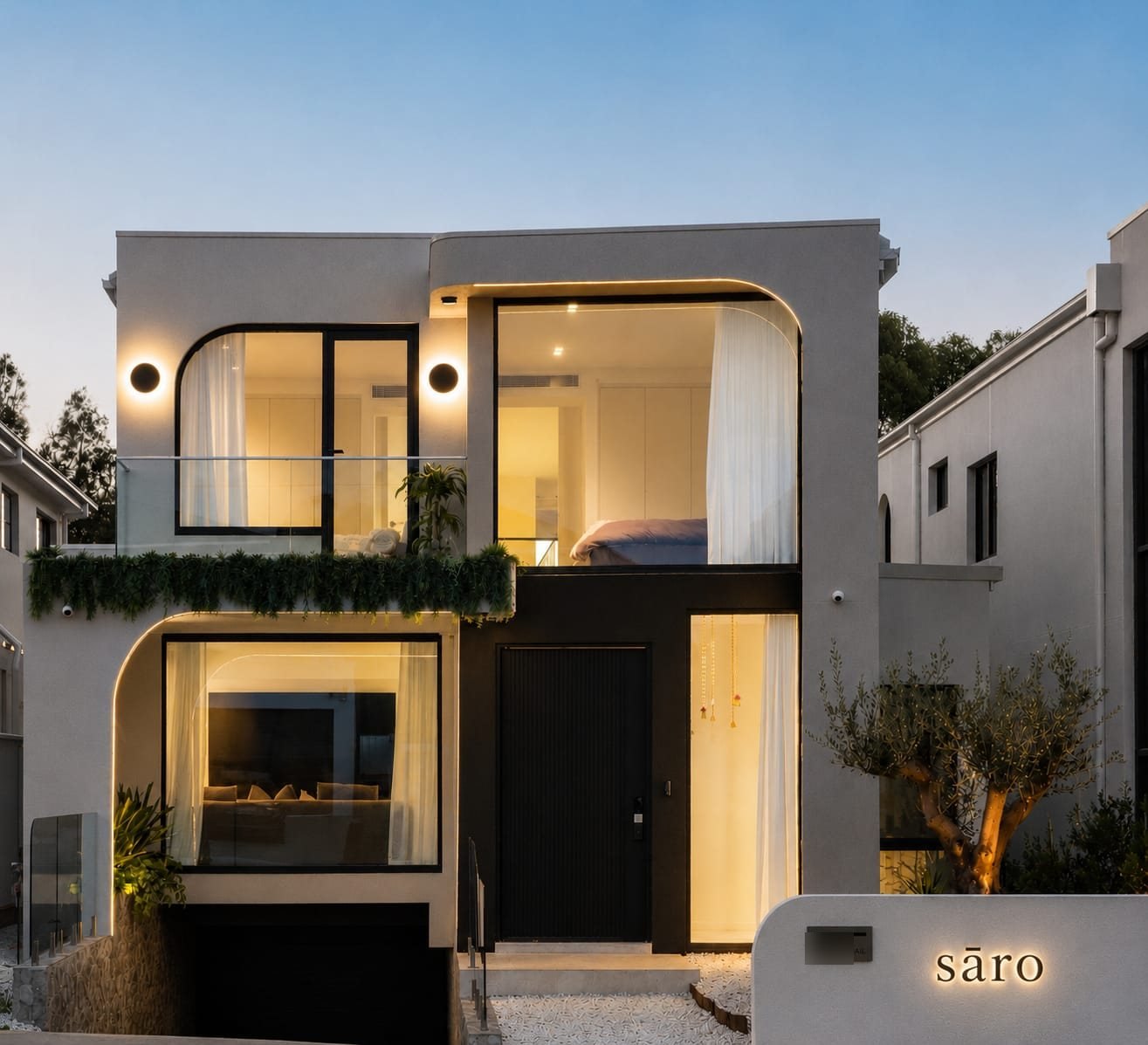 Completed custom home in Gledswood Hills at dusk